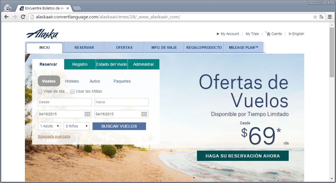 Alaska Airlines Spanish Language Website