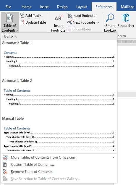 Table of Contents in MS Word