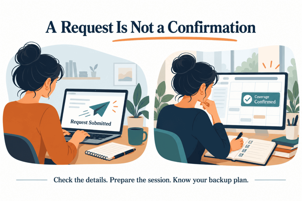 Comparison of an interpreter request being submitted and coverage being confirmed on a calendar.