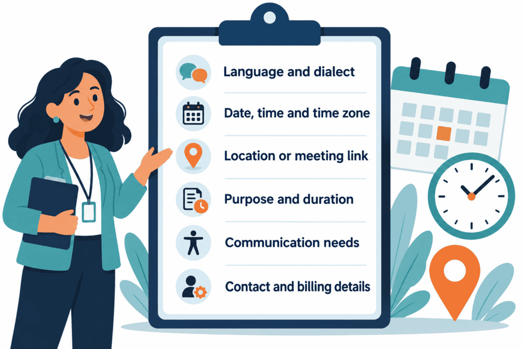 Interpreter request checklist covering language, timing, location, purpose, communication needs, and contact details.